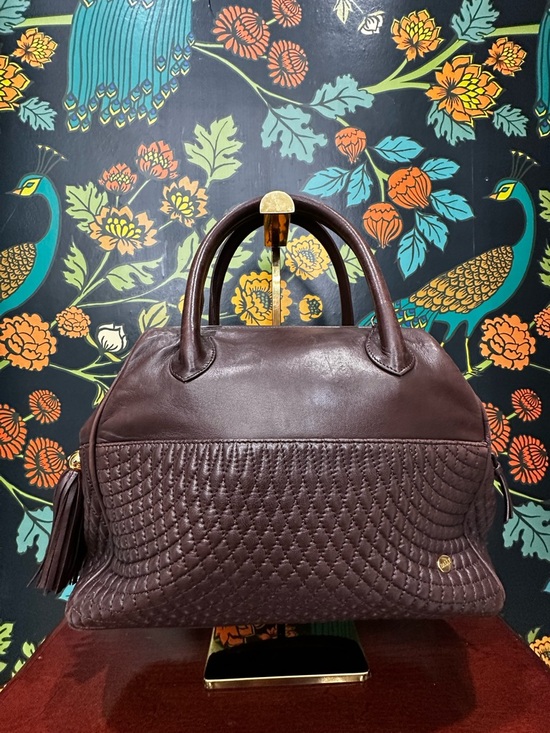 Vintage 1980s Bally Brown Lambskin Quilted Tassel Satchel Top Handle w/ D-Rings - Picture 4 of 14